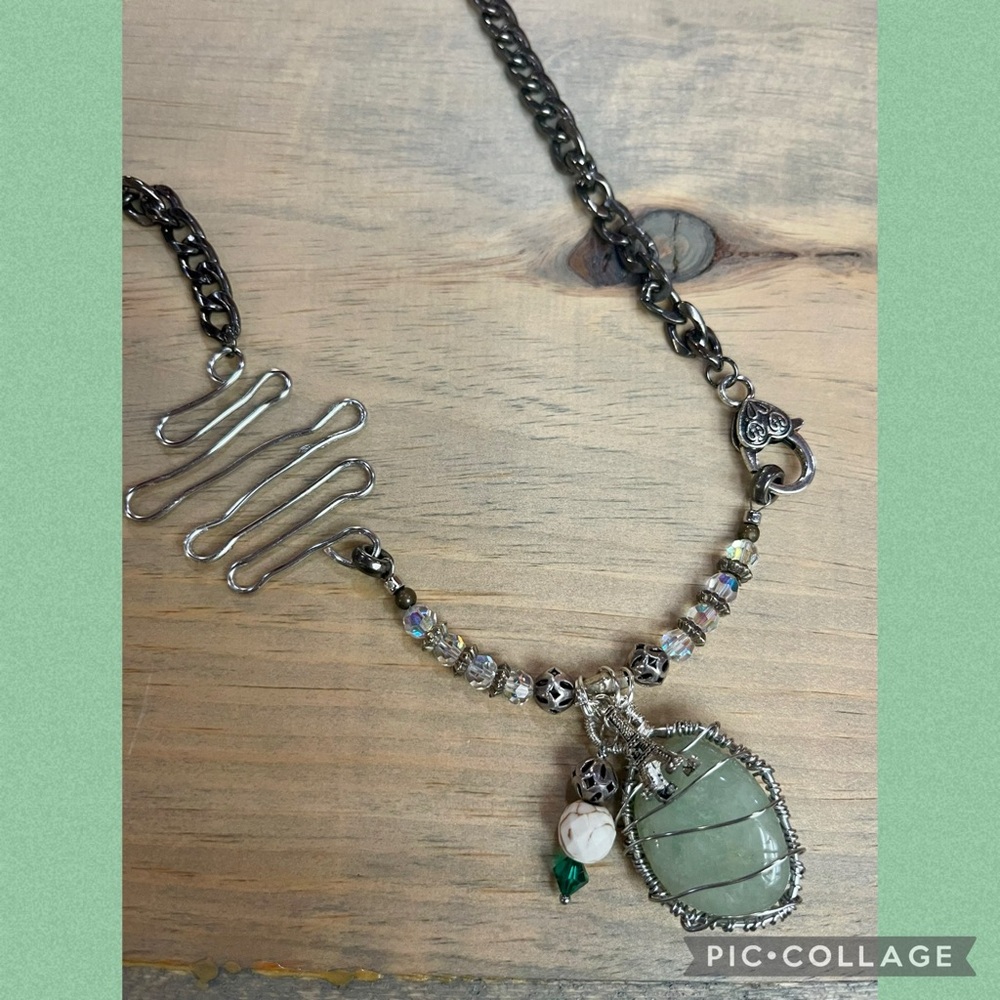 Handcrafted Jade Green Wire Wrapped Pendant Necklace
